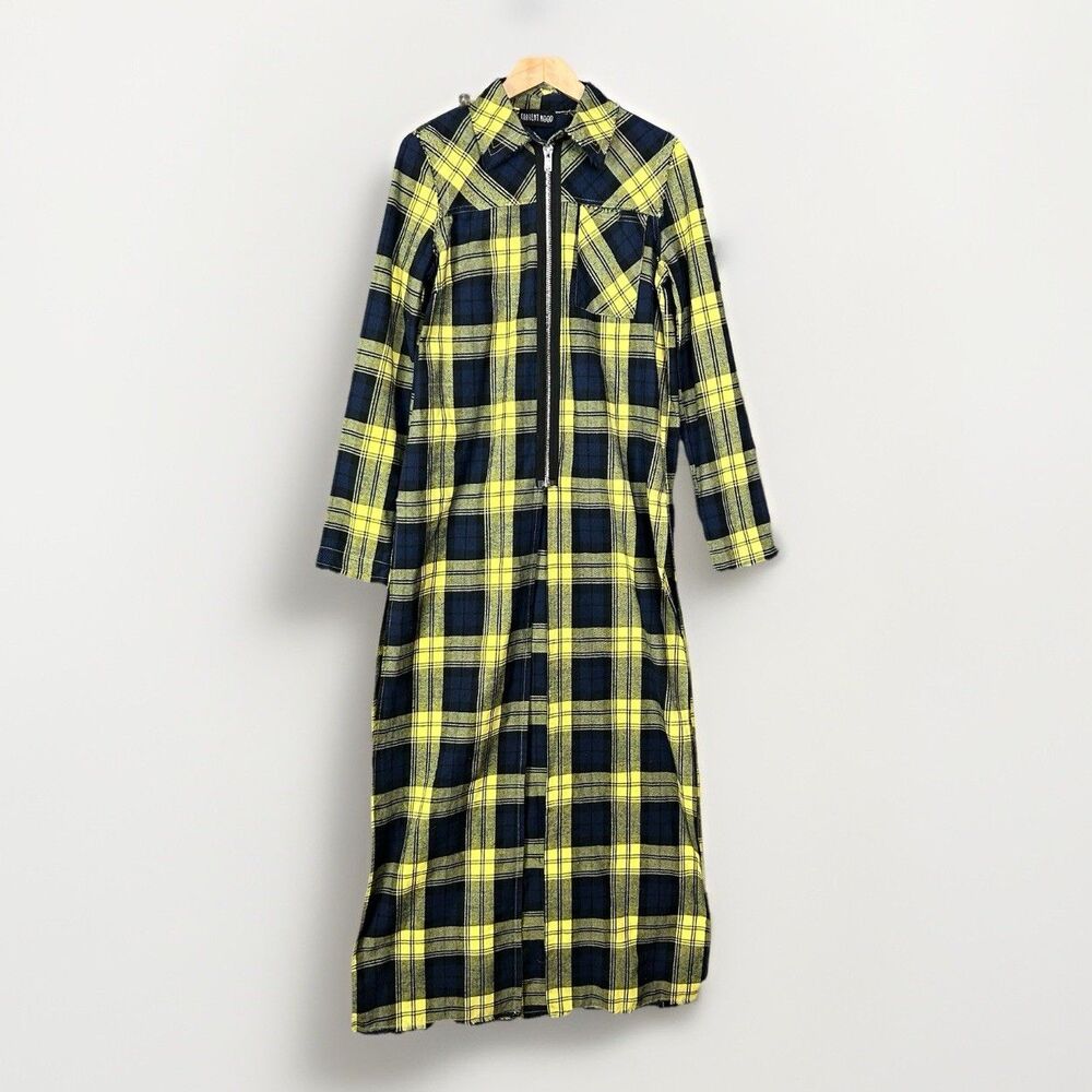 Current Mood Plaid Top Zip Front Yellow Blue Grunge Goth Medium Long Dolls Kill